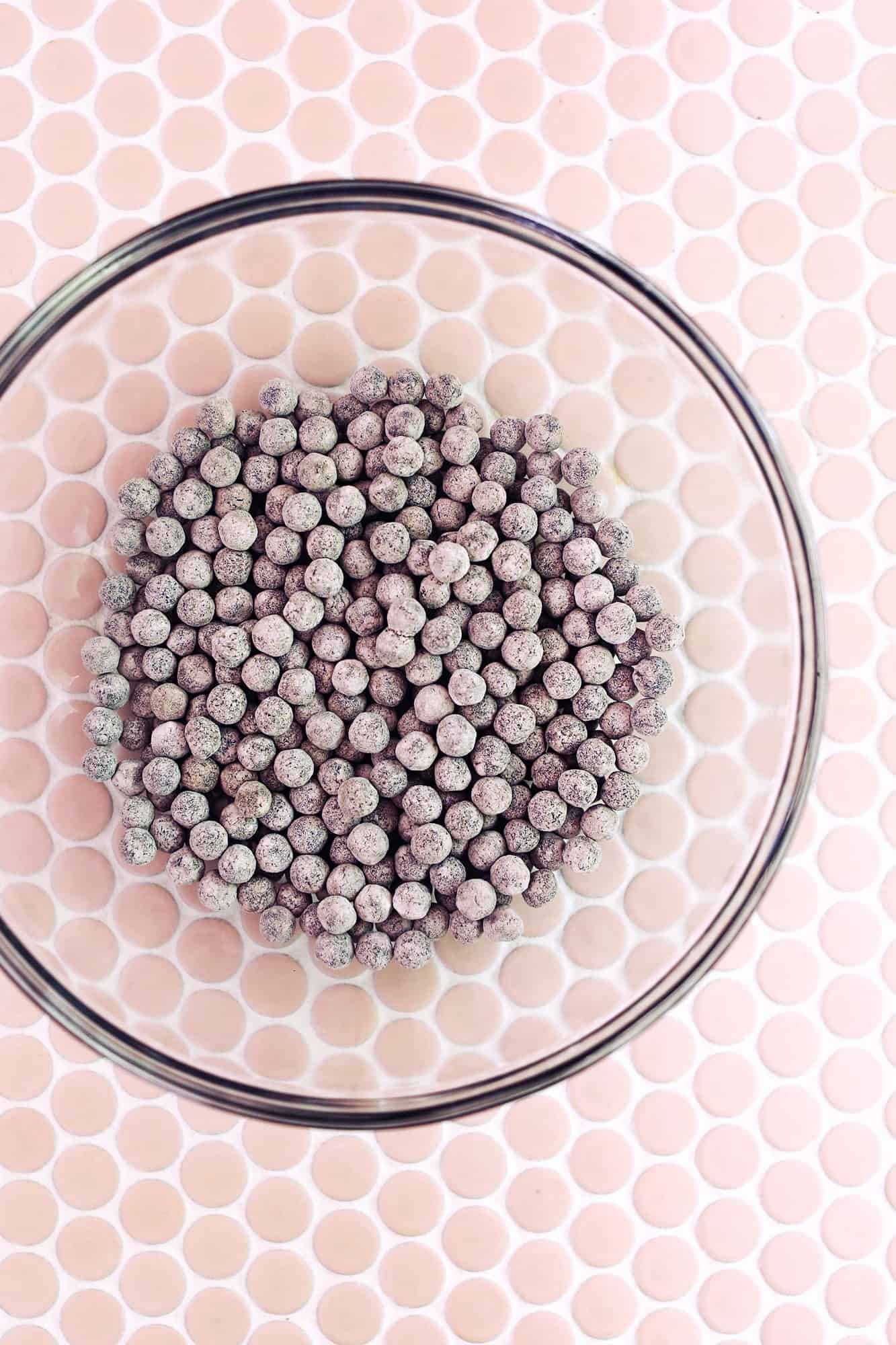 glass mixing bowl of boba pearls