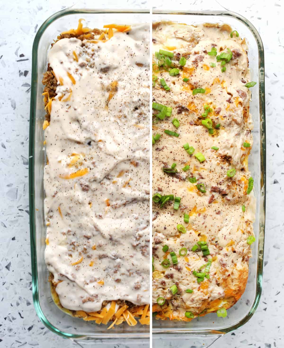 biscuits and gracy casserole, one half uncooked and other half cooked